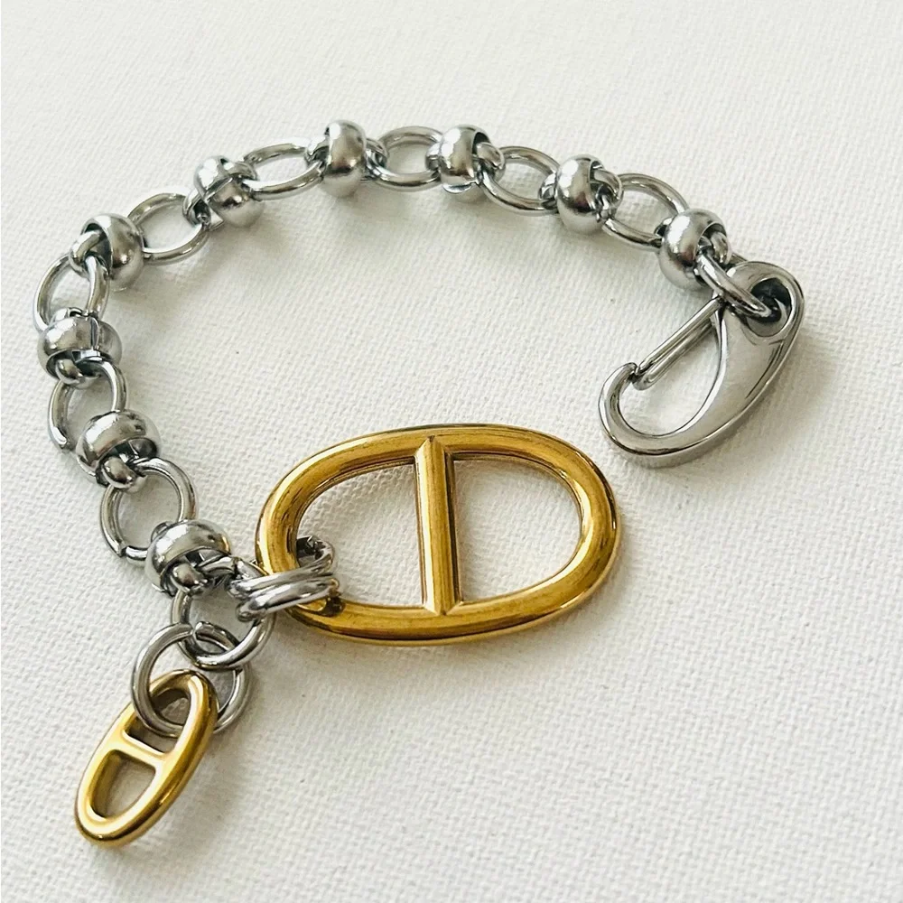 Designer-Inspired Two-Tone Oval Link Bracelet - Gold & Silver Stainless Steel - Picture 1 of 6